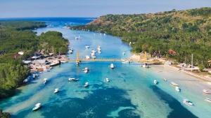 View of the Yellow Bridge from Nusa Lembongan side, with Nusa Ceningan in the background, landmark between the two islands.