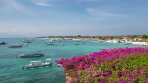 Fast boats parked on the shore at Jungut Batu Beach, Nusa Lembongan, main arrival point for visitors from Bali.