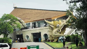 Sanur Harbor terminal building featuring the iconic Gajah Mina (elephant fish) statue, modern maritime gateway in Bali.