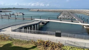 Clean and organized jetty area at Sanur Harbor, well-maintained boarding point for fast boat transfers.