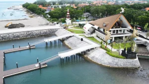 Best overview of Sanur Harbor Bali, showing the layout of the port, breakwater, and proximity to Sanur Beach.