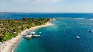 Panoramic aerial shot of Senggigi Beach and Harbor, the stunning destination reached by fast boat from Padang Bai to Senggigi Lombok.