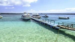 Floating pontoon dock at Toyapakeh Harbor, practical solution for boarding fast boats in changing tides.